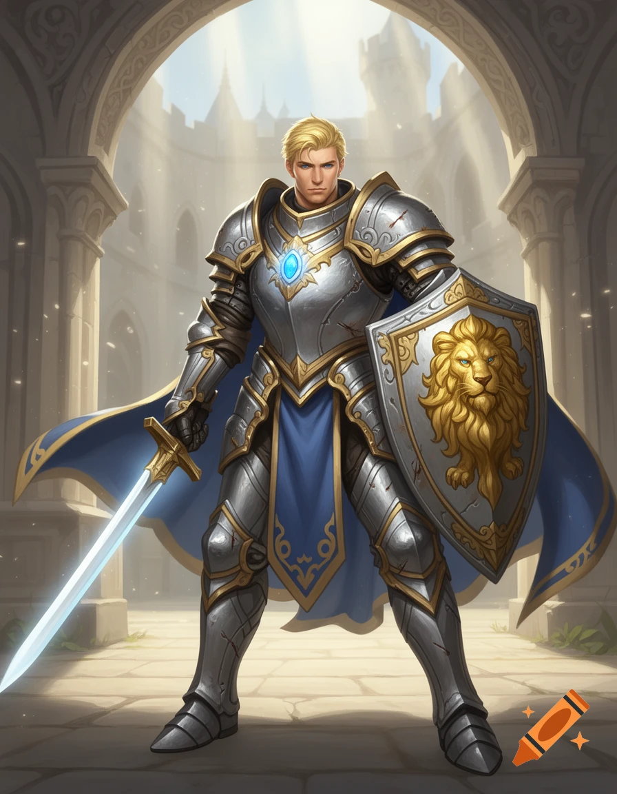 Digital illustration of a noble blonde knight in polished silver plate armor with a lion shield and sword in a castle courtyard.