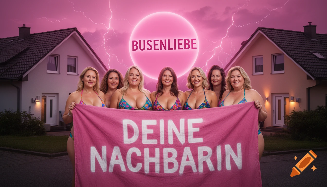 A group of women in bikinis holding a pink banner that reads DEINE NACHBARIN in front of two houses with a glowing sign above them.