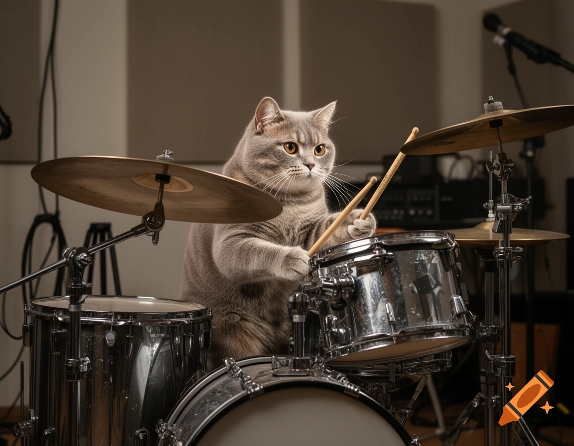 Photorealistic image of a grey British Shorthair cat playing a drum set in a recording studio.