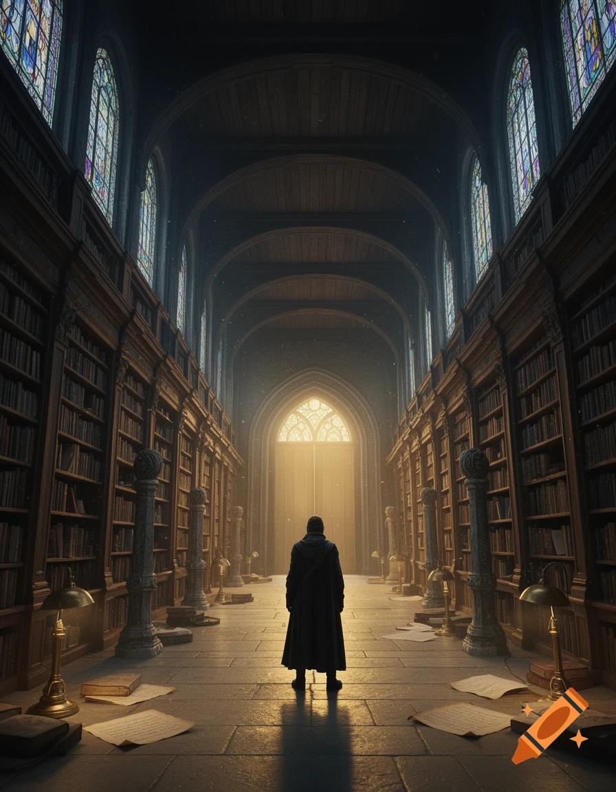A lone figure standing in a vast, grand fantasy library with tall bookshelves, stained glass windows, and a bright arched window at the end.