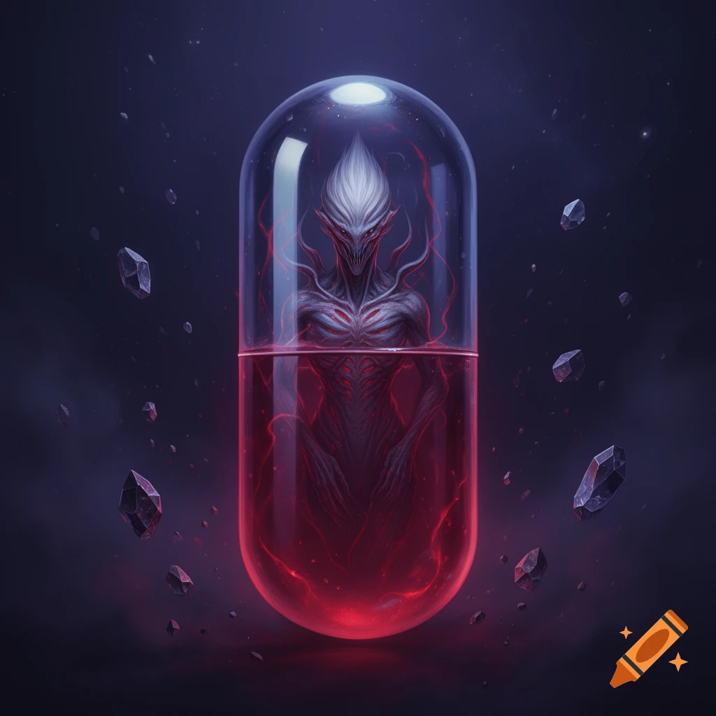 A stylized alien entity enclosed inside a large glass capsule filled with red liquid, floating amid dark crystals.