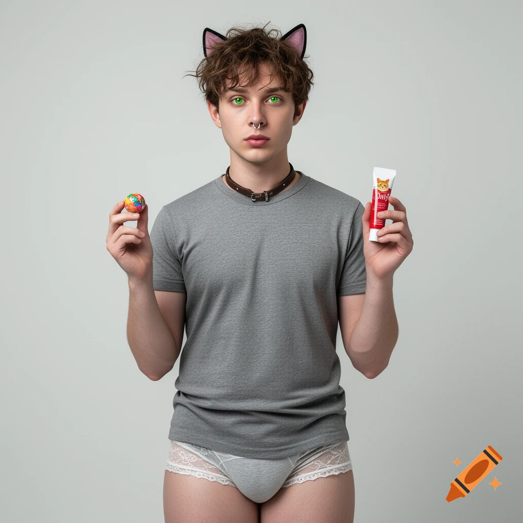 Photorealistic portrait of a young person wearing cat ears, grey t-shirt, and lace-trimmed underwear, holding a ball and a tube.