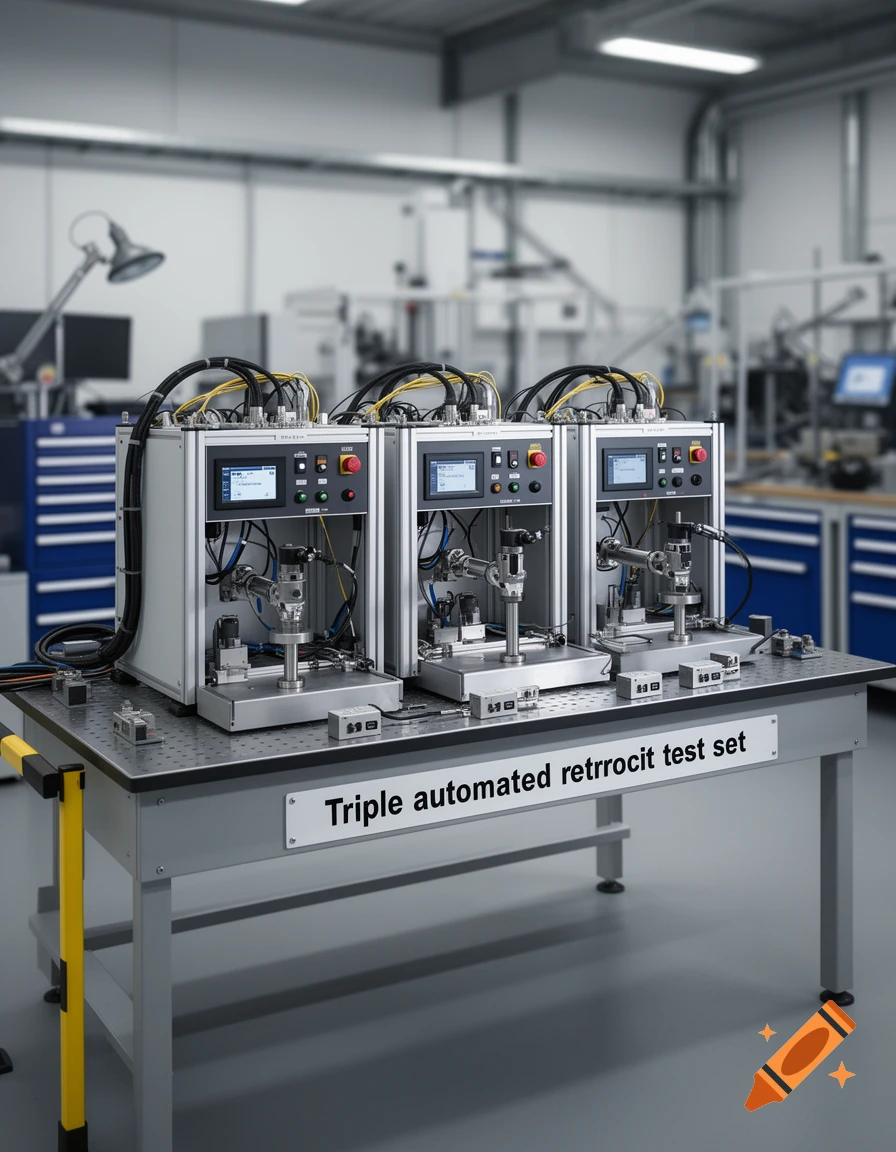 Photorealistic image of a triple automated test set machine on a workbench in a bright industrial laboratory.
