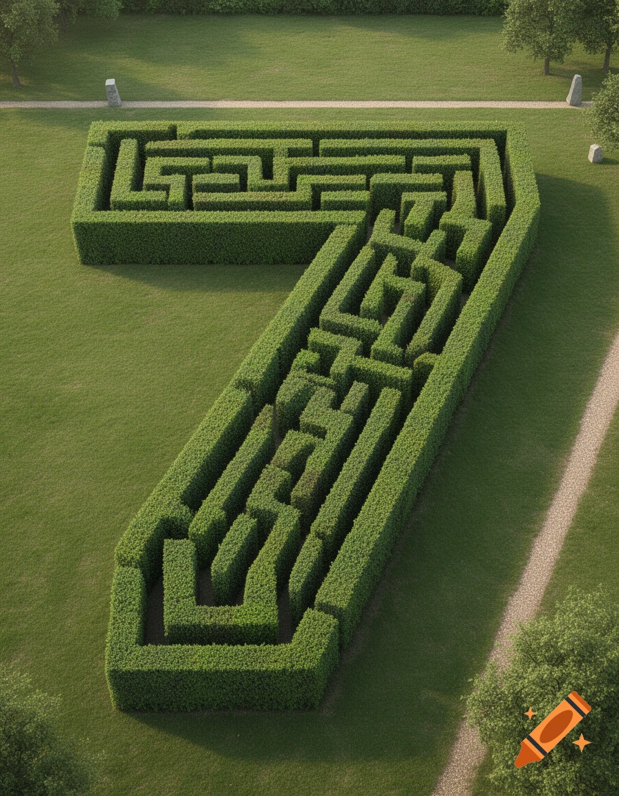 An aerial photorealistic view of a green hedge maze shaped like the number seven on a grassy lawn.