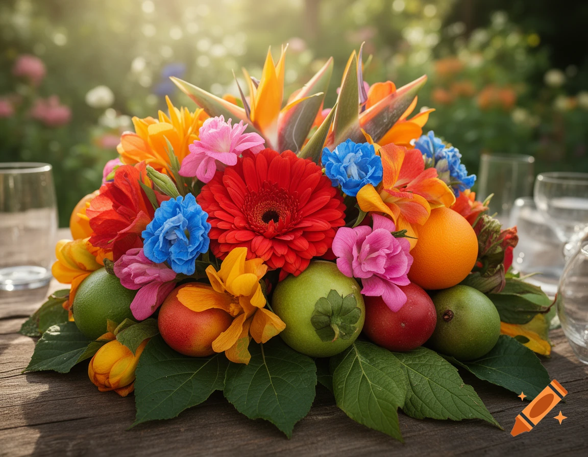 Colorful floral centerpiece arrangement featuring vibrant gerberas, birds of paradise, and fresh fruits on a wooden table outdoors.