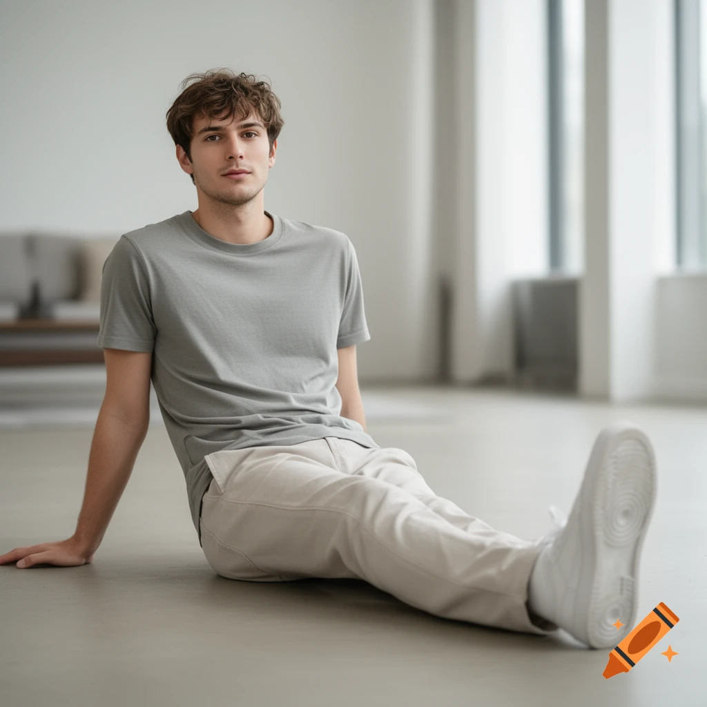 Photorealistic image of a young man with brown hair sitting on the floor with his legs extended forward.