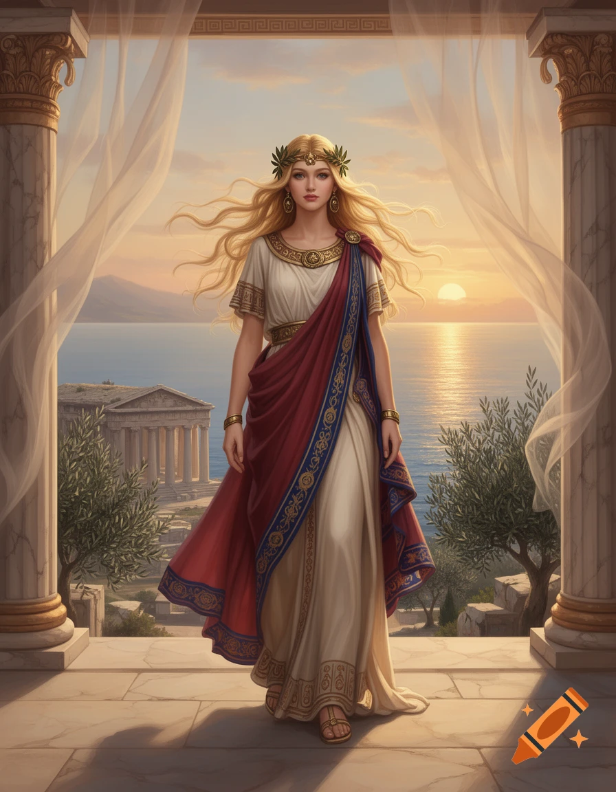 Digital painting of a blonde woman in ancient Greek attire standing on a temple terrace overlooking the sea at sunset.