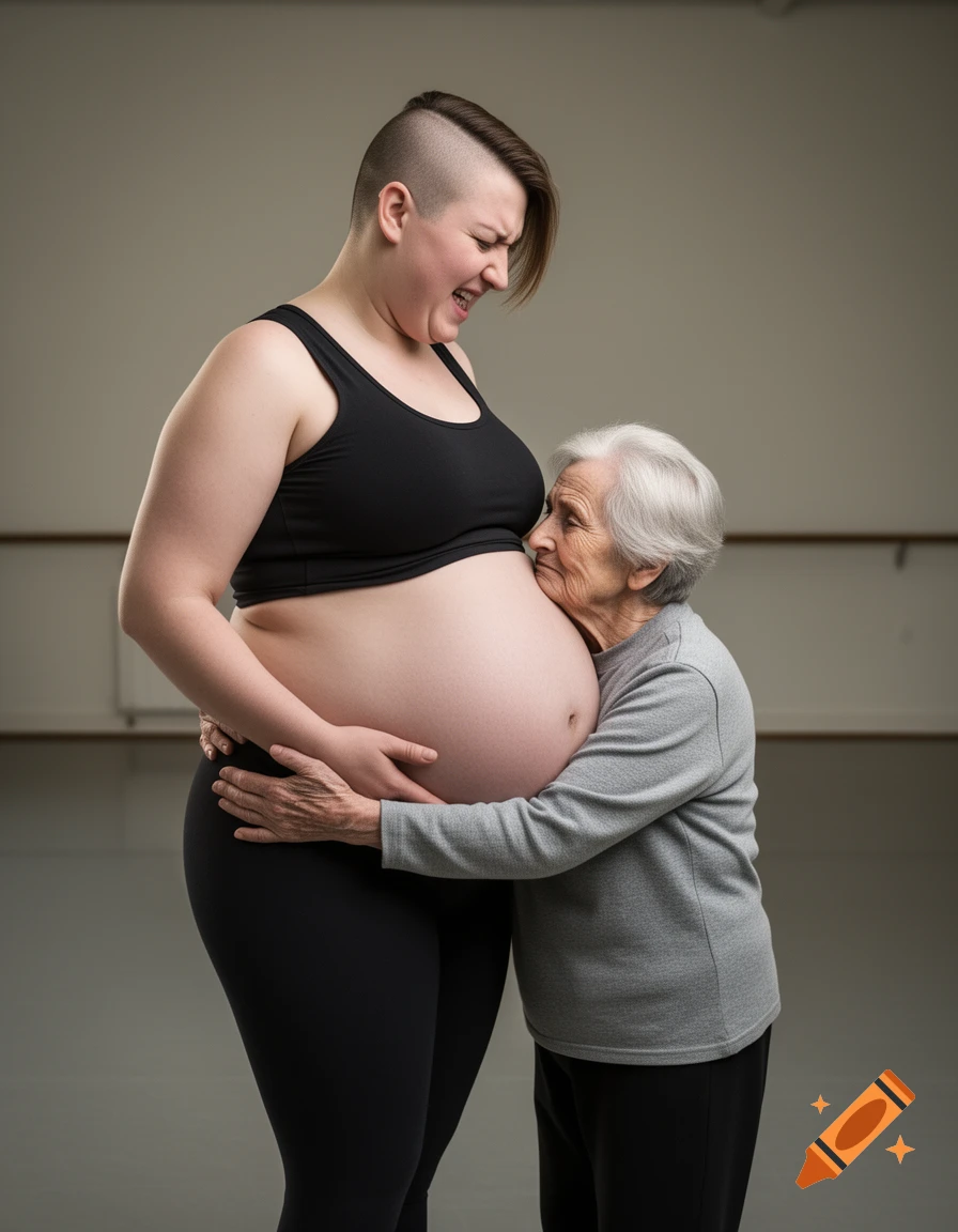Photorealistic image of a tall young woman with a shaved haircut laughing while an elderly woman hugs her large belly.