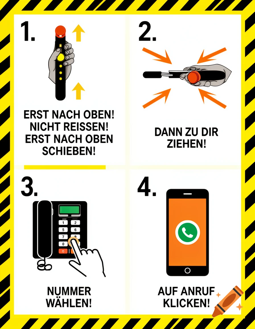A German workplace instruction poster with four panels illustrating steps involving a handle, a telephone, and a smartphone.