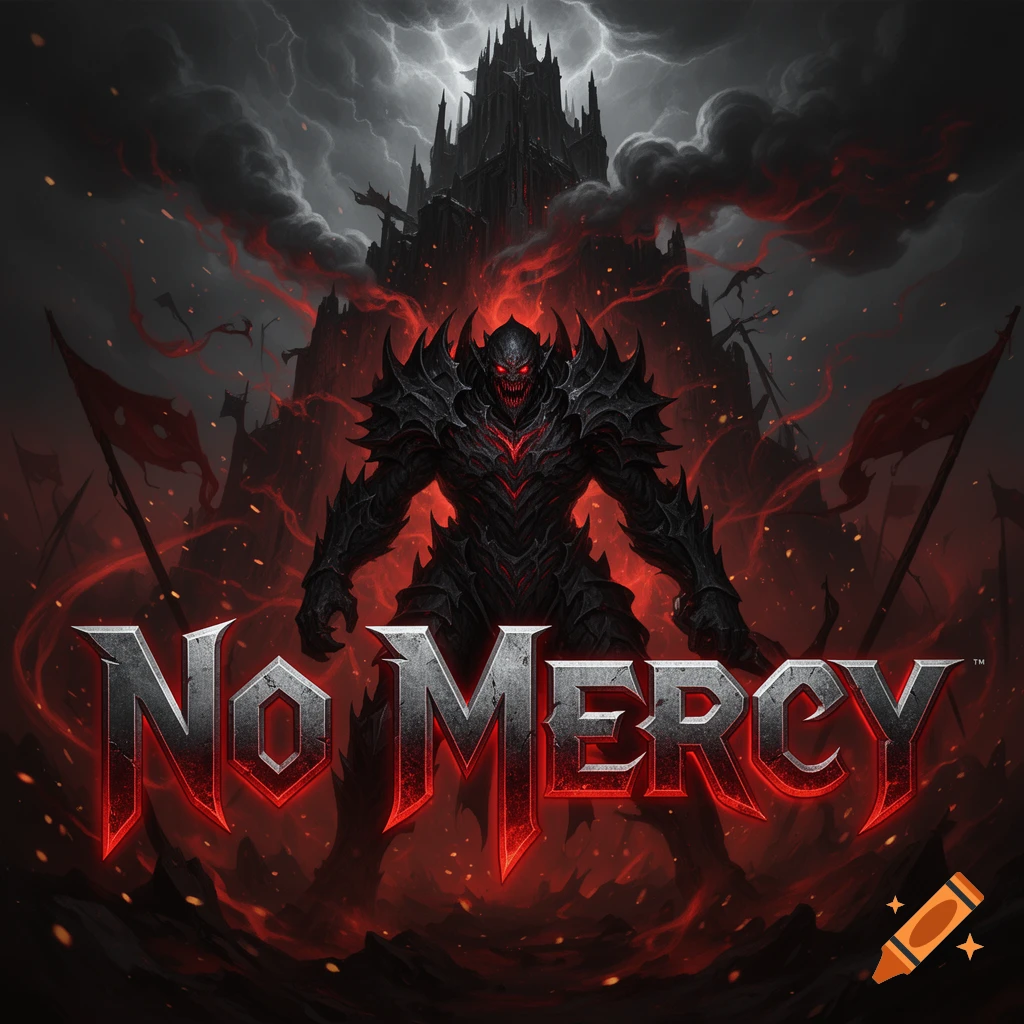 A dark demonic armor figure standing before a flaming fortress under a stormy sky, with bold metallic text reading No Mercy.