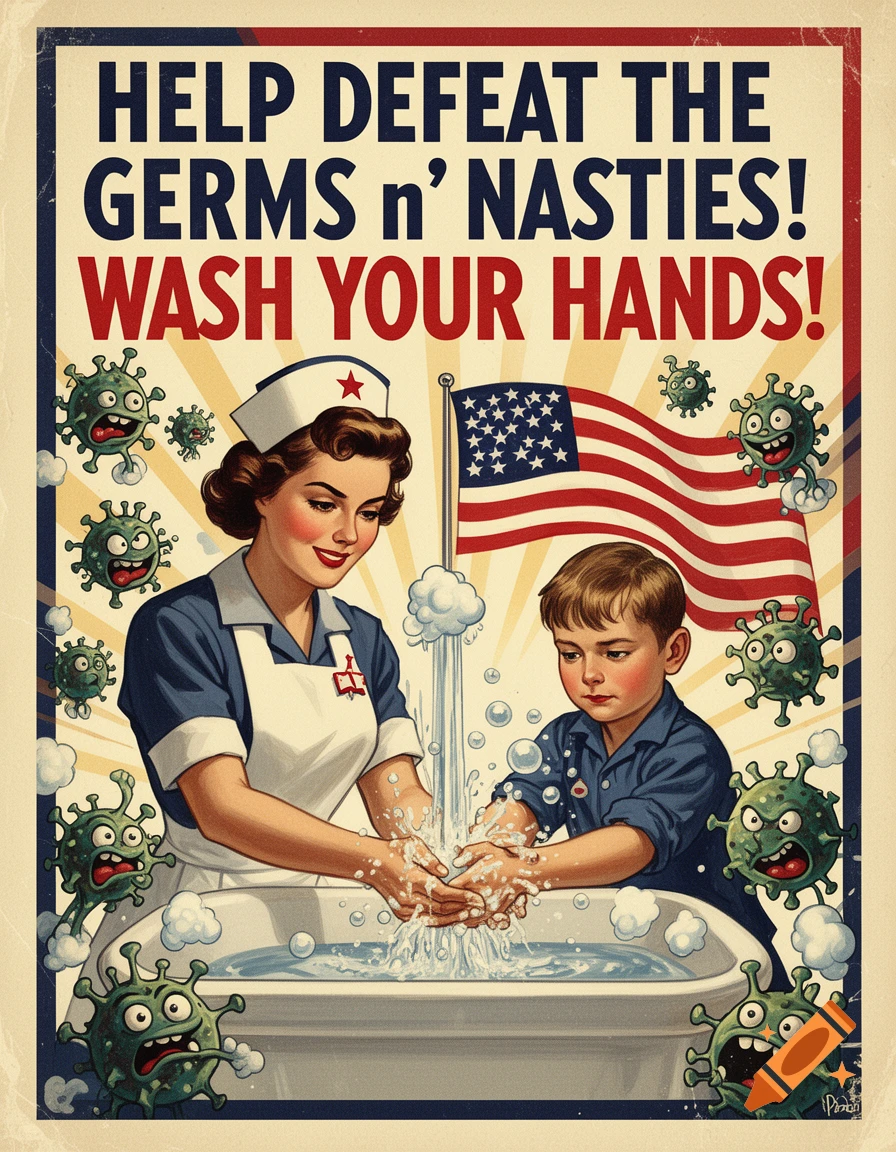 Vintage World War 2 style propaganda poster depicting a nurse and a young boy washing their hands with cartoon germs surrounding them.