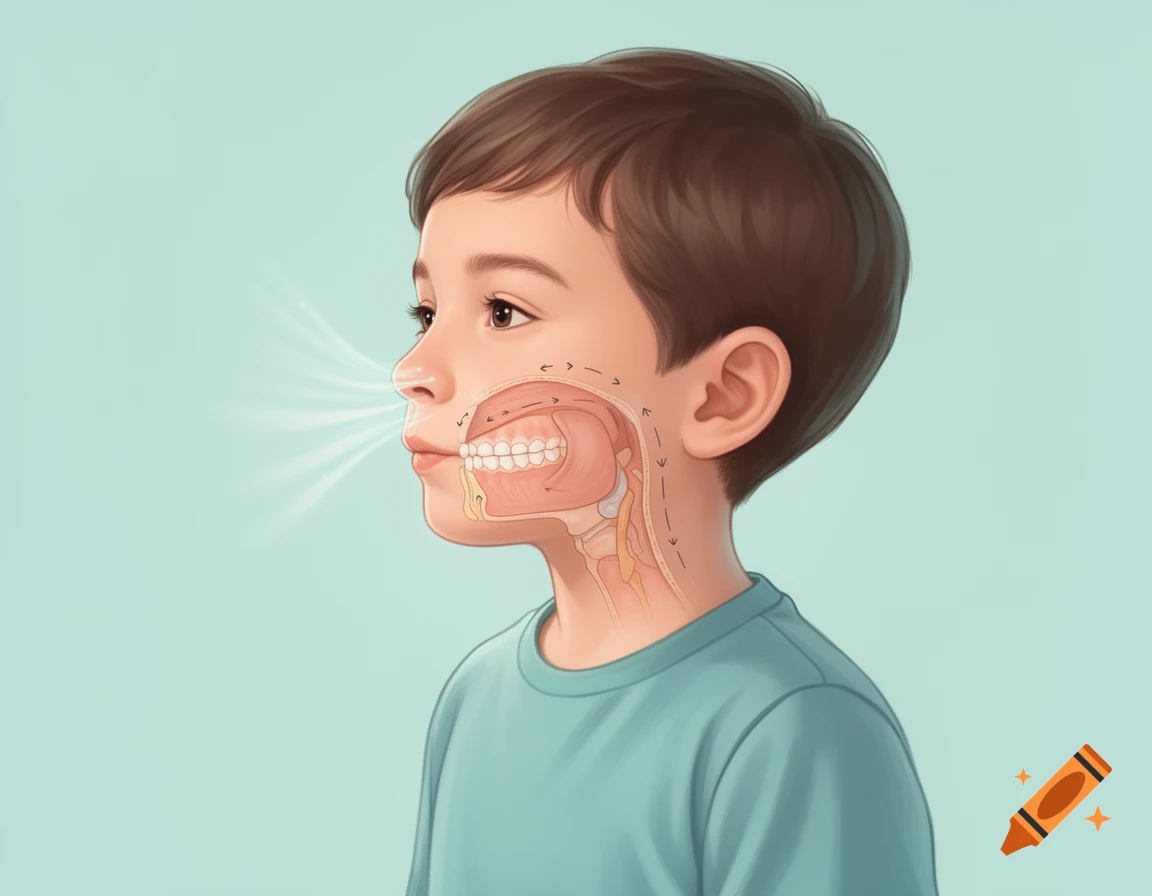 Medical illustration showing a cross-section of a child's head demonstrating nasal breathing, swallowing, and tongue posture.