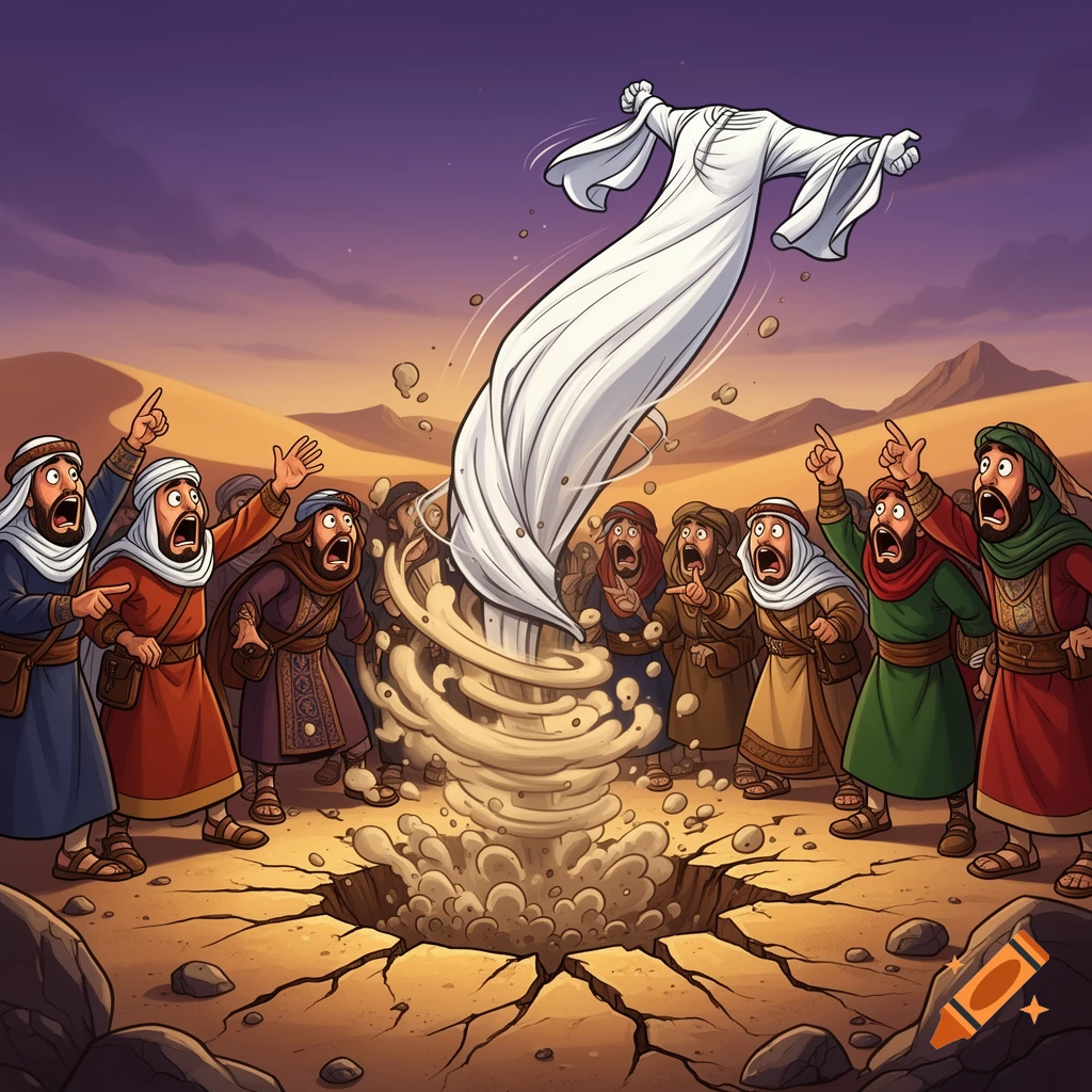 Cartoon illustration of a group of medieval Bedouins looking in shock at a glowing white burial shroud rising out of a hole in the desert ground.