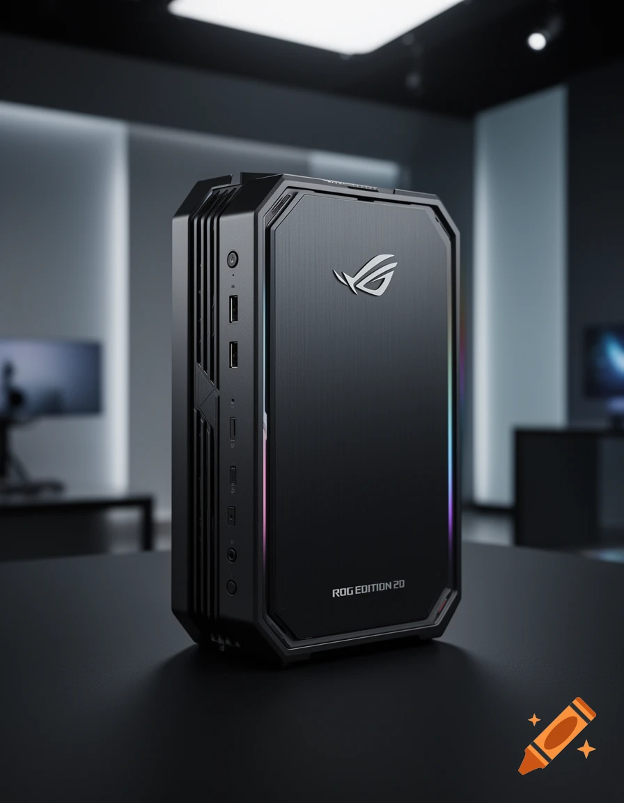 Photorealistic product shot of a black ROG Edition 20 gaming PC tower on a dark surface in a modern room.