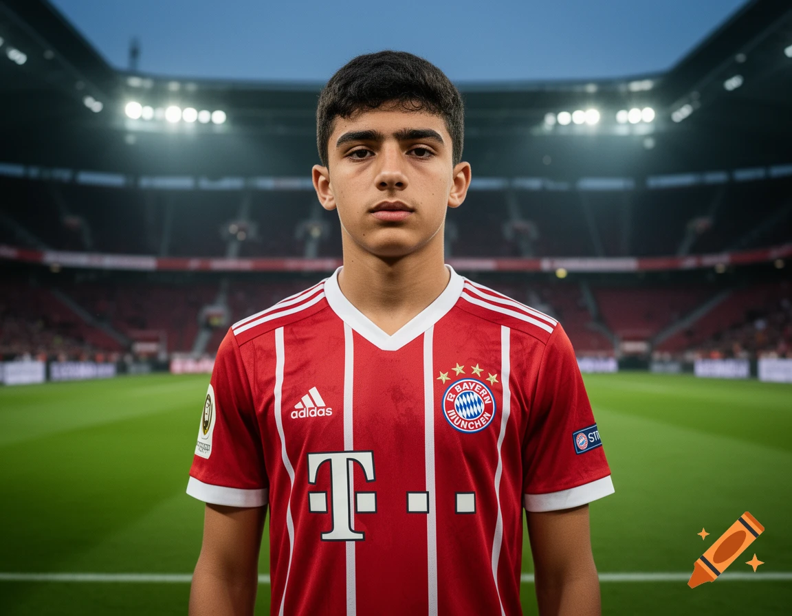 Photorealistic portrait of a young male soccer player wearing a red and white Bayern Munich jersey standing on a stadium pitch.