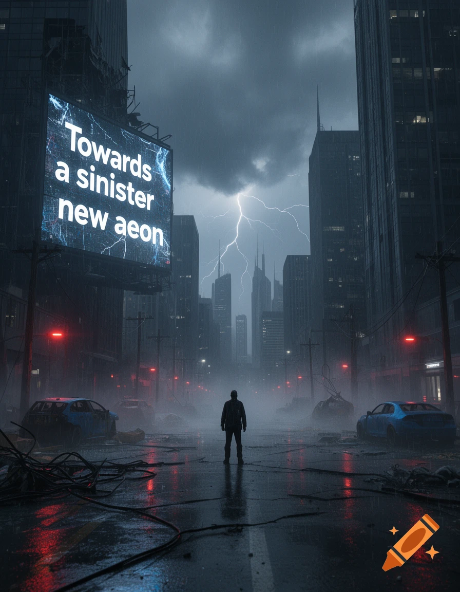 A lone figure stands in a desolate, rainy city street at night, facing a large glowing billboard with text under a lightning storm.