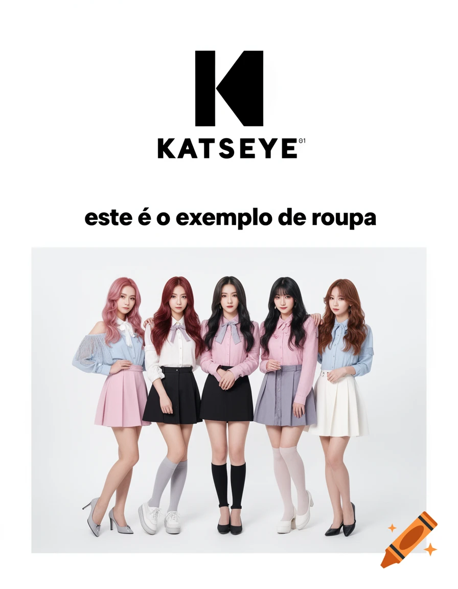 Five K-pop female group members posing together in front of a white background with text and a logo above them.