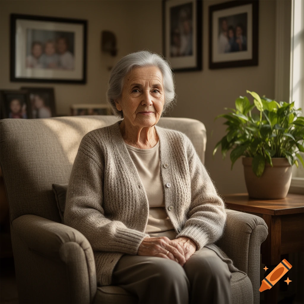 Photorealistic portrait of an elderly woman with grey hair sitting in an armchair in a living room.
