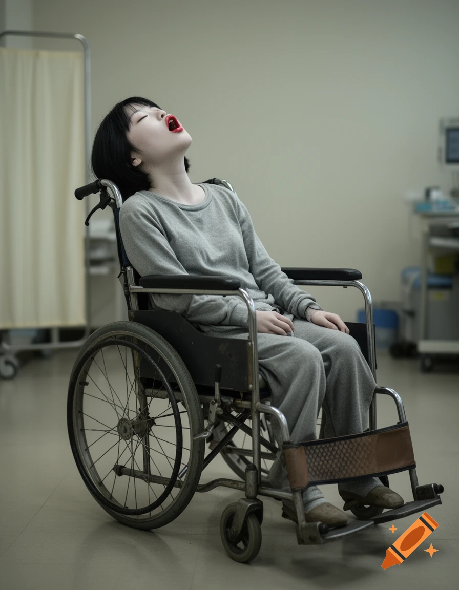 A young Japanese woman with short black hair and red lips slumped in a wheelchair with her head tilted back in a hospital setting.