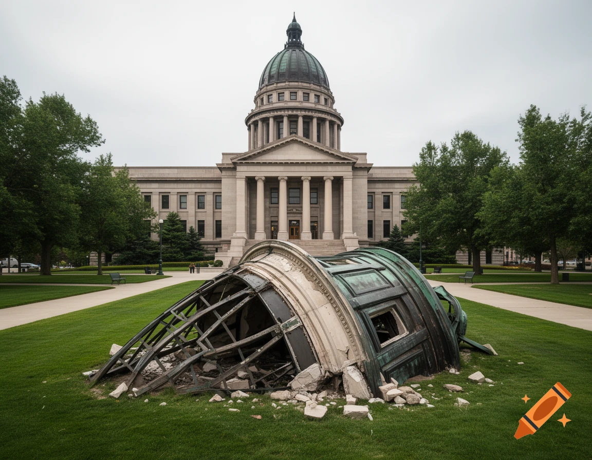Photorealistic image of the Montana capitol building with its top dome broken off and lying on the front lawn.