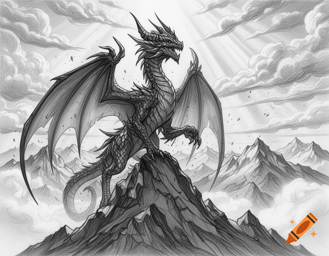 Detailed pencil sketch of a majestic fantasy dragon perched on a mountain peak against a cloudy sky with sun rays.