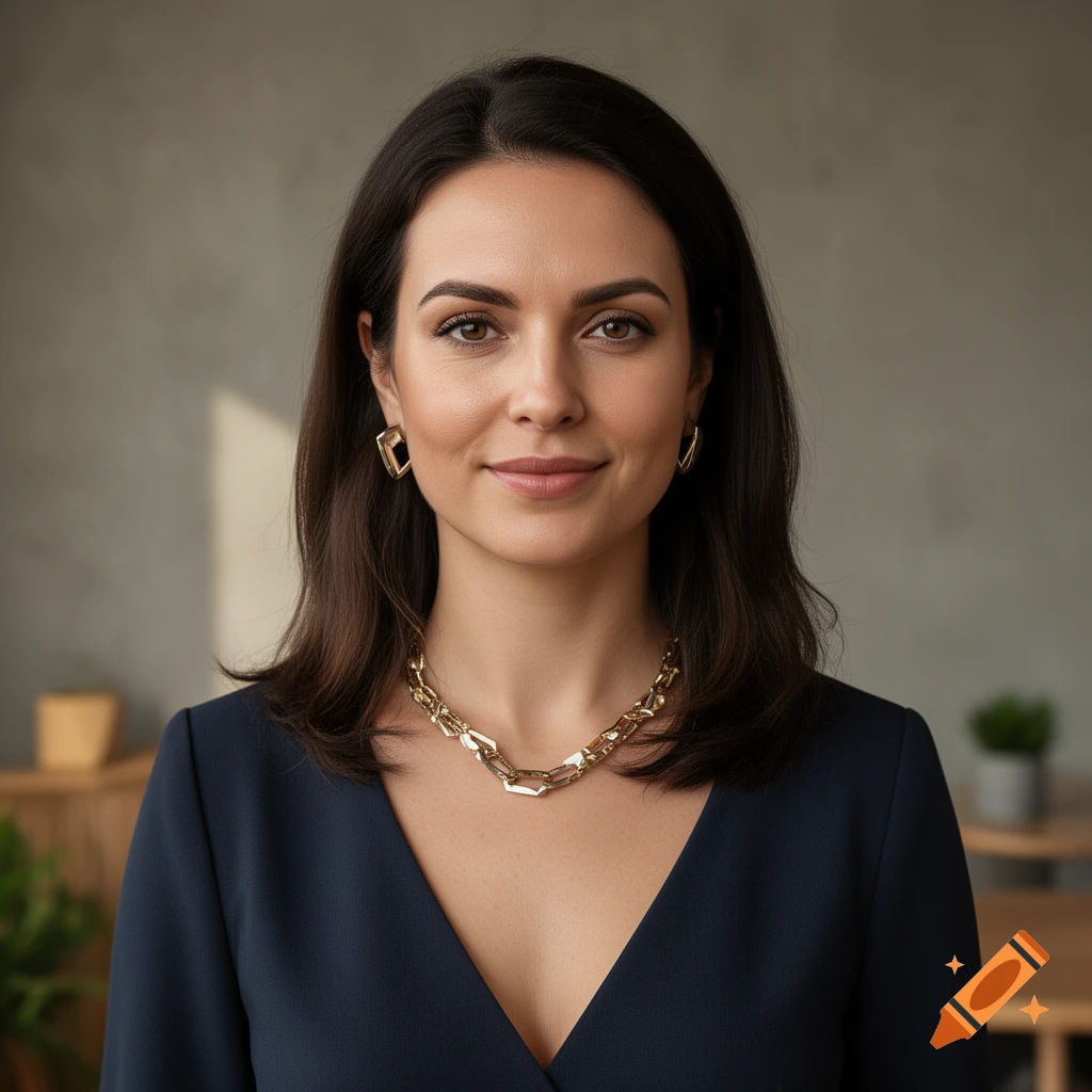 Photorealistic portrait of a woman with dark hair, wearing a navy blue V-neck dress and a gold chain necklace in an interior setting.