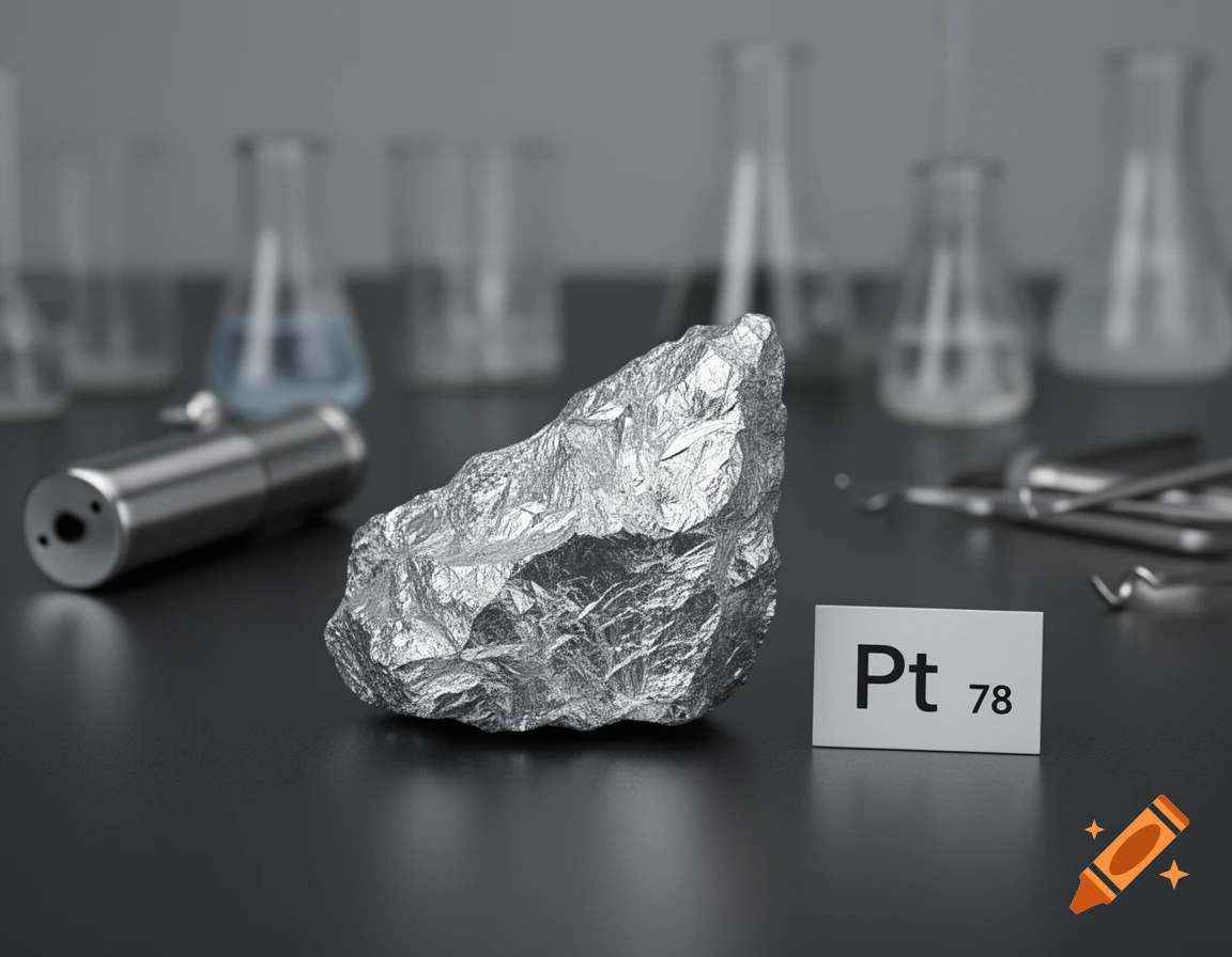 Photorealistic image of a platinum nugget and a label with the chemical symbol Pt and atomic number 78 in a laboratory setting.