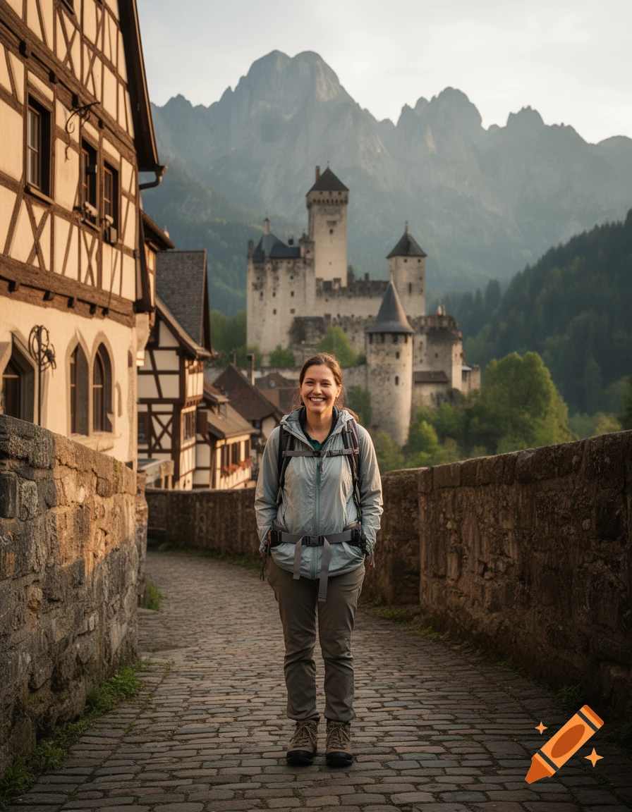 Photorealistic image of a woman hiking on a cobblestone path in a medieval European town with a castle and mountains in the background.