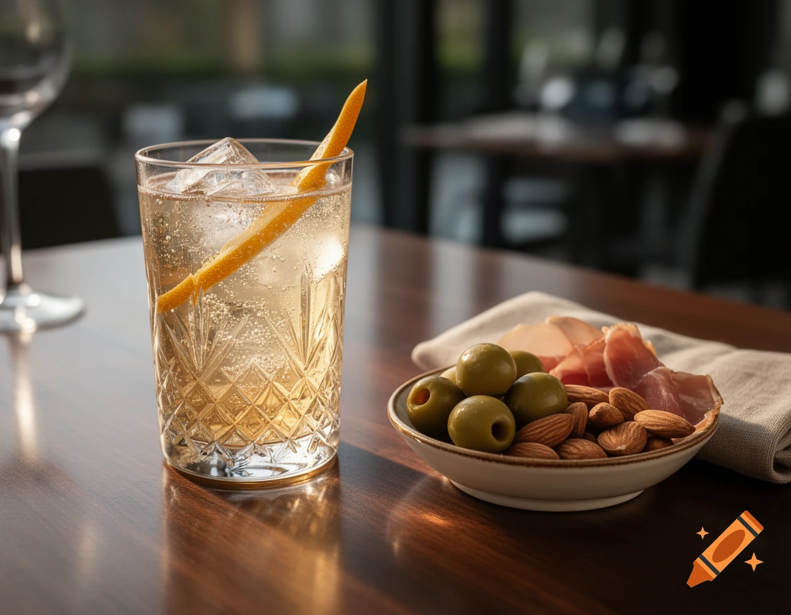 A photograph of an aperitif cocktail in a patterned glass with a lemon twist, alongside a bowl of green olives and almonds.
