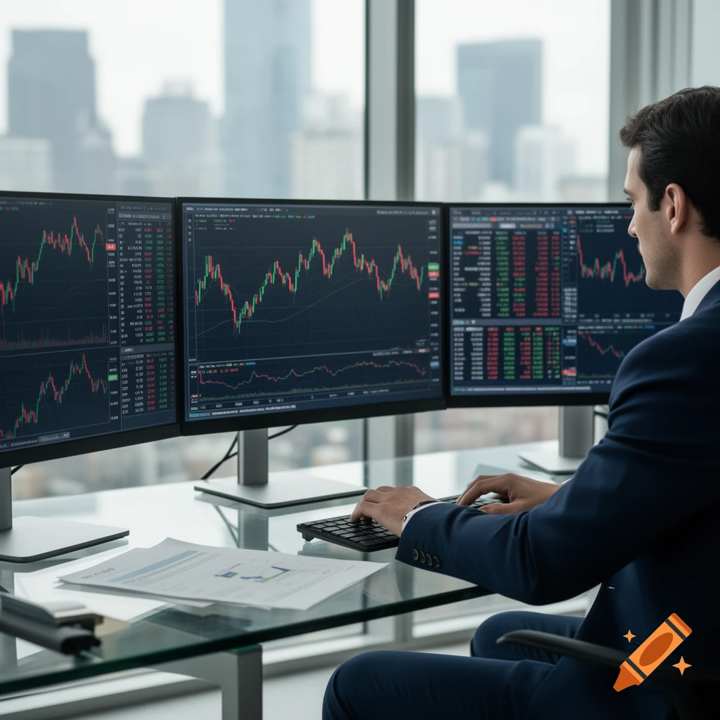 A businessman sitting at a glass desk, looking at multiple computer monitors displaying stock market charts and graphs.
