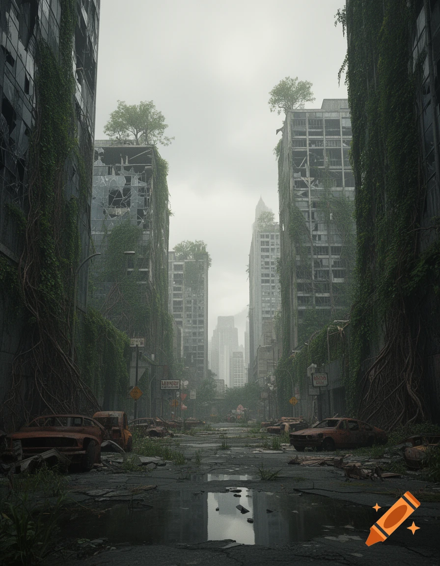 A desolate post-apocalyptic city street lined with overgrown abandoned skyscrapers, rusted cars, and a central puddle reflecting the gray sky.