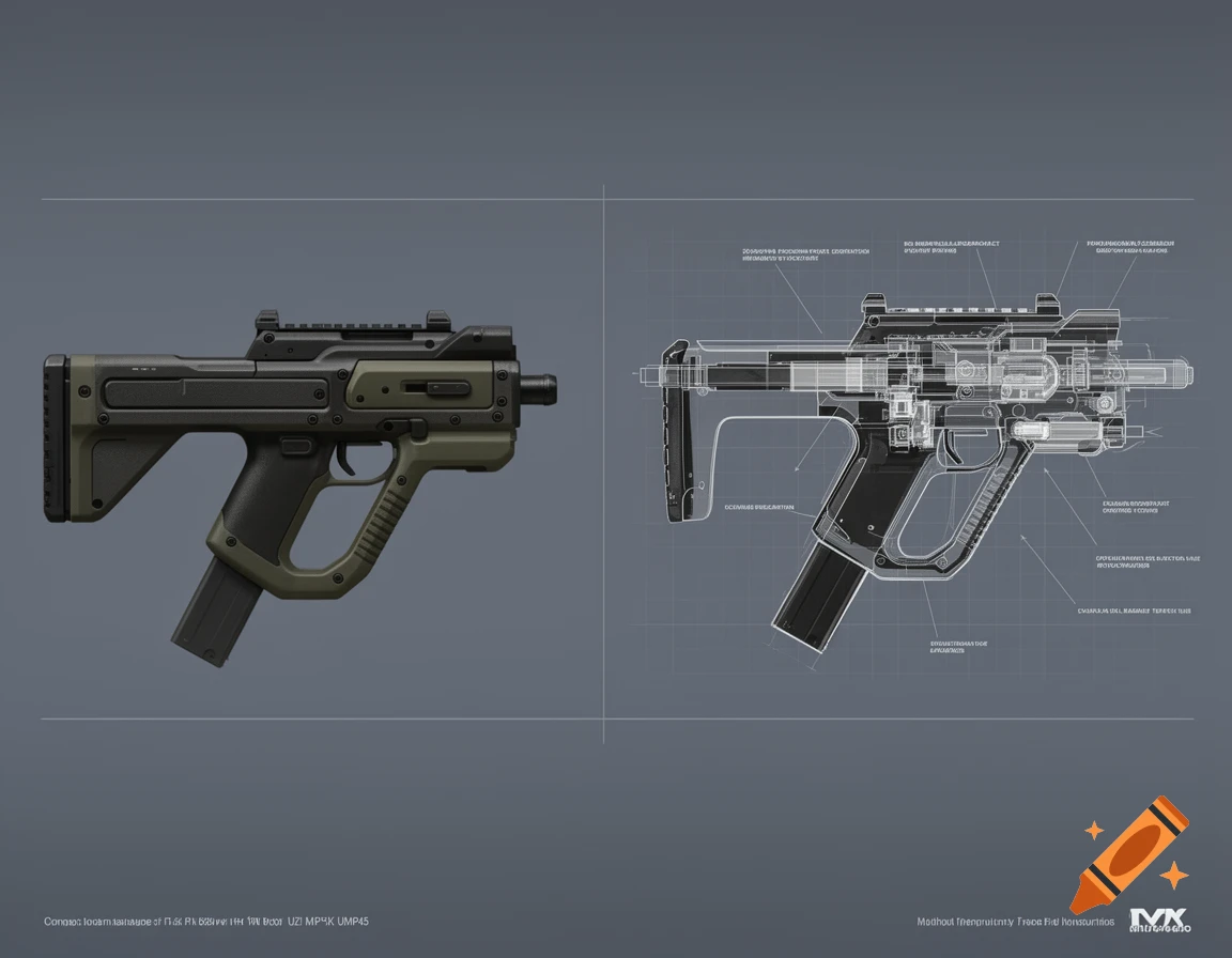 Concept art of a futuristic firearm with an olive green and black body shown in profile, alongside a blue wireframe schematic showing its internal mechanics.