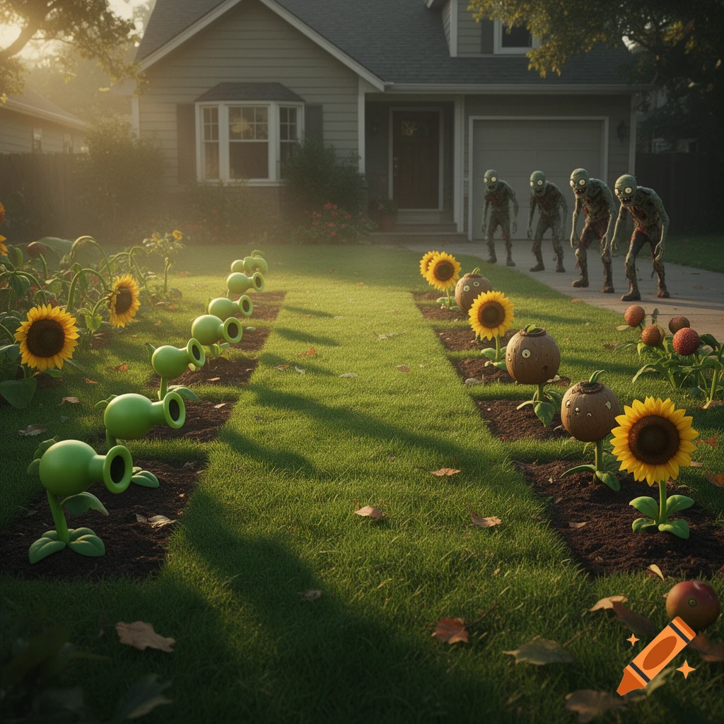 Photorealistic lawn scene inspired by Plants vs. Zombies, featuring peashooters, sunflowers, and wall-nuts facing zombies near a suburban house.