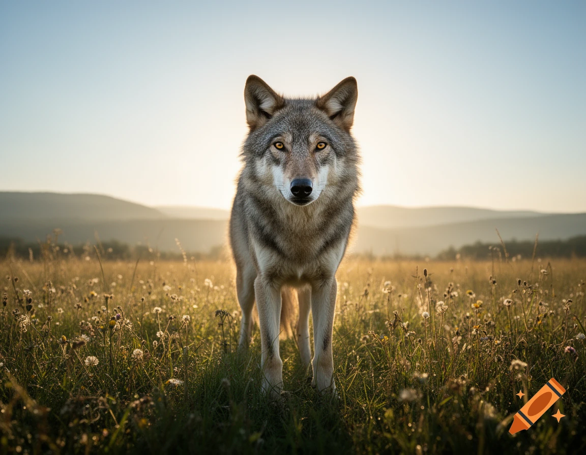 Photorealistic wolf standing in a grassy meadow during sunset.
