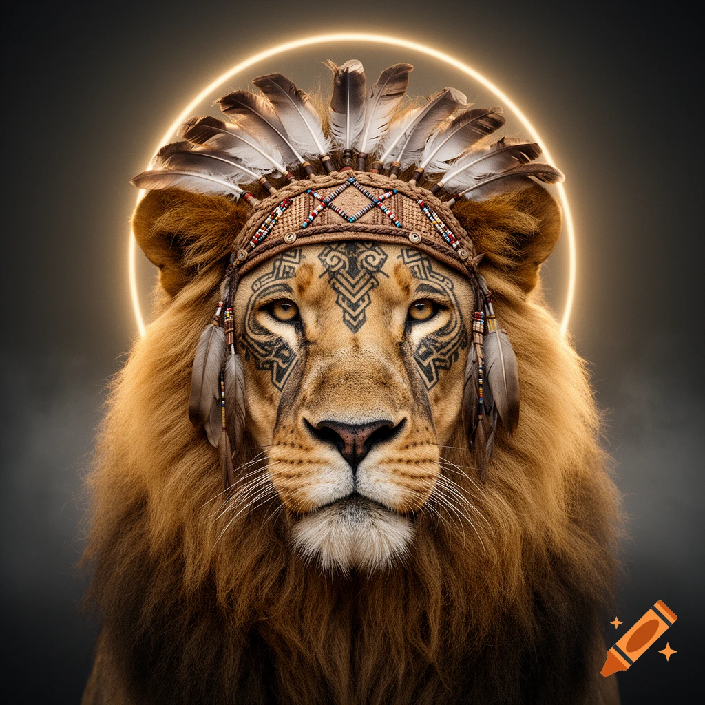 Close-up portrait of a lion wearing a Native American-style headdress and facial tattoos, with a glowing halo behind its head, photorealistic style.