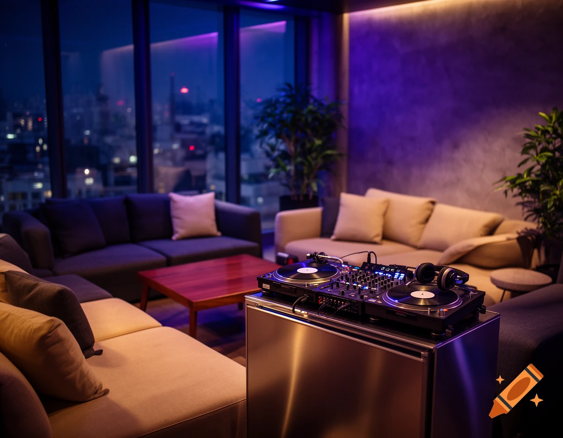 Modern lounge with DJ turntables, sofas, and large windows overlooking a city at night.