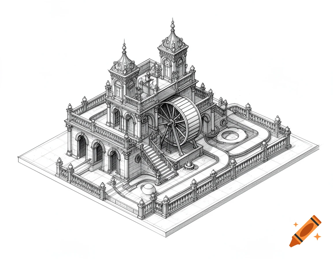 Detailed architectural sketch of an elaborate guinea pig palace with towers, stairs, and a water wheel, in black and white.