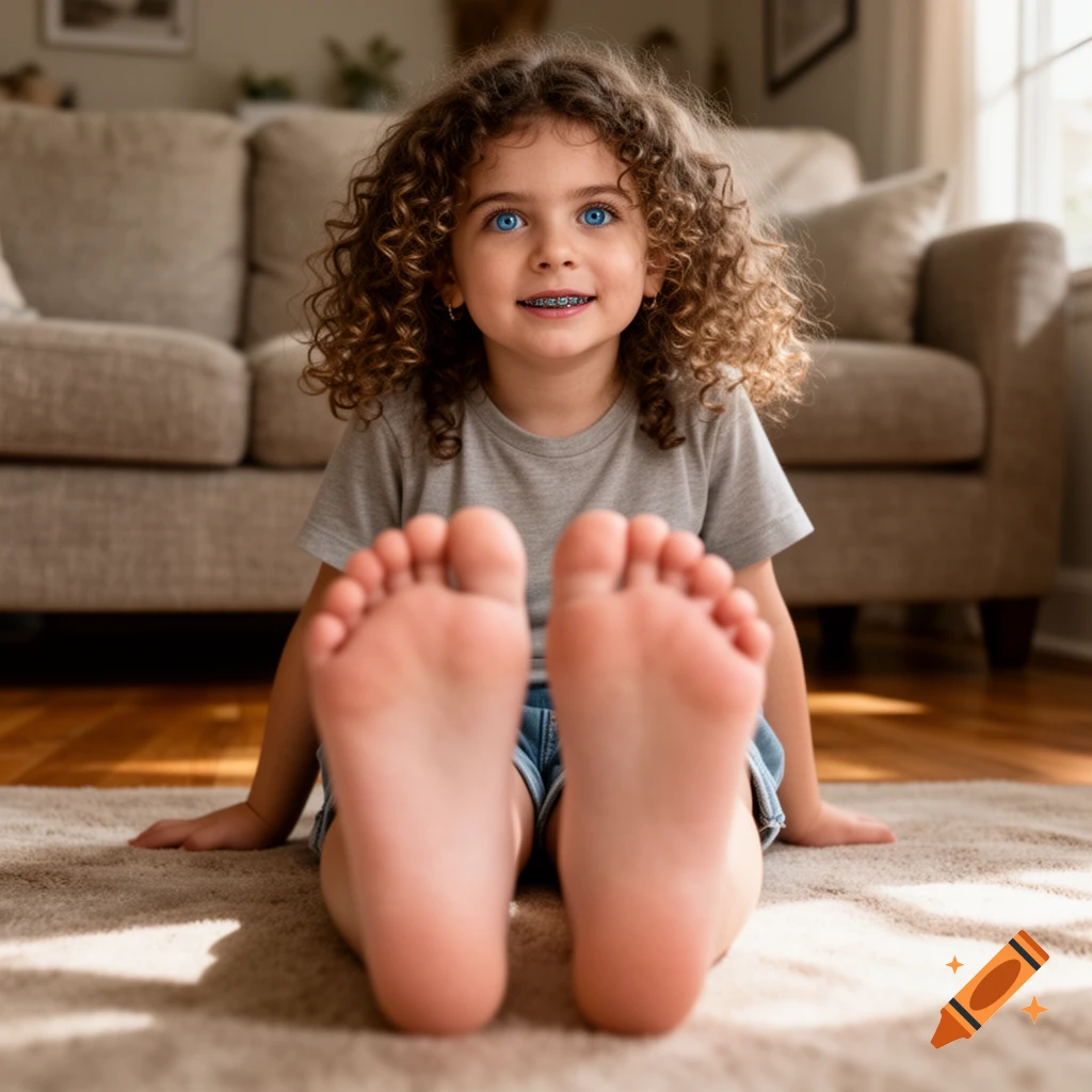 Photorealistic close-up of a young girl with curly hair and blue eyes sitting on a carpet, holding her feet up to the camera.