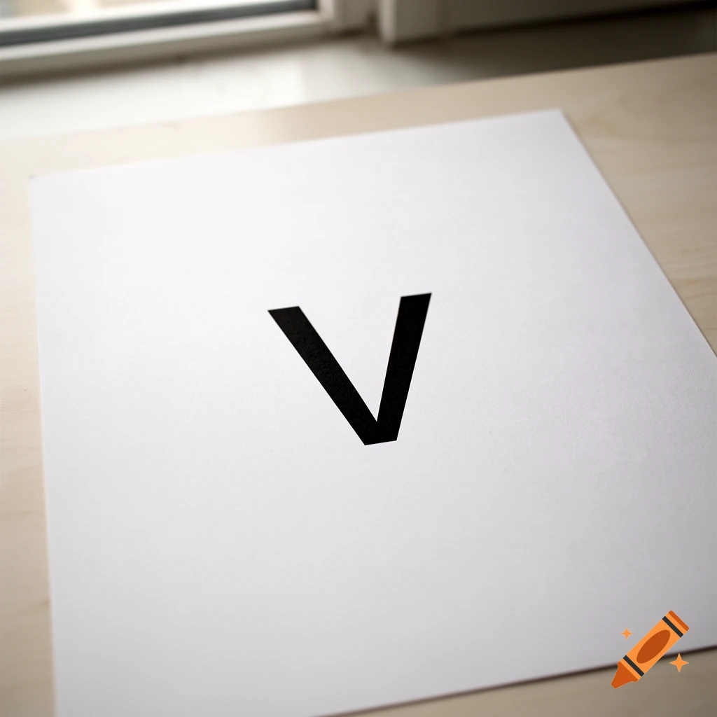 Close-up photograph of a single black capital letter V printed on a white piece of paper resting on a wooden surface.