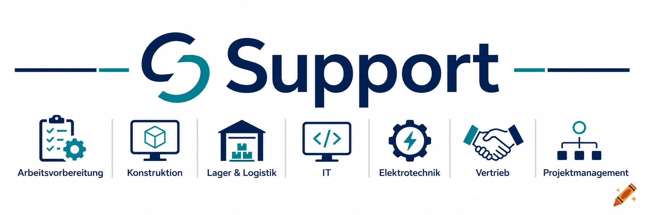 Company logo with the word Support and icons representing different departments below it.
