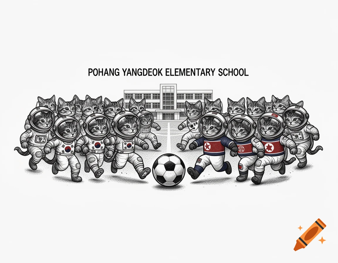 Detailed stipple art illustration of cats in spacesuits playing soccer in front of a school building.