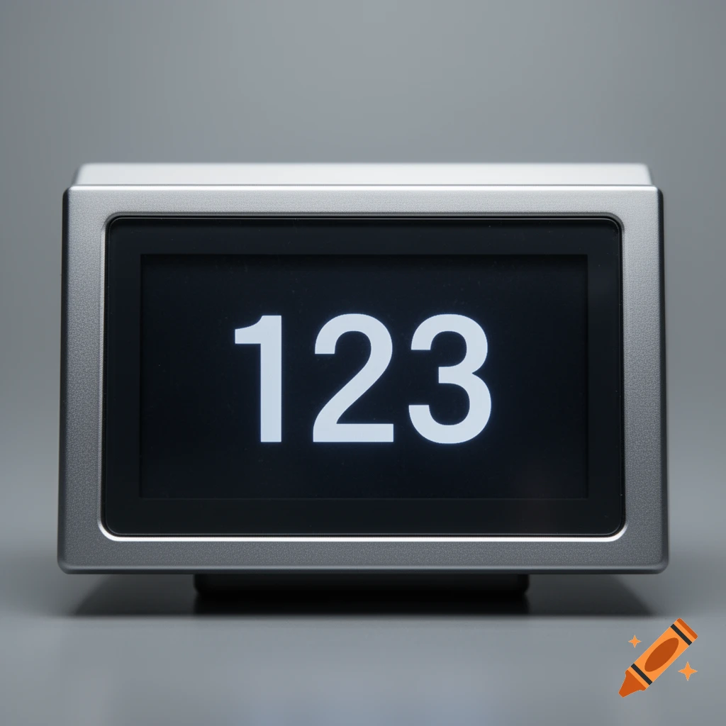 A sleek silver digital display showing the numbers 123 in white against a black screen, on a grey surface.