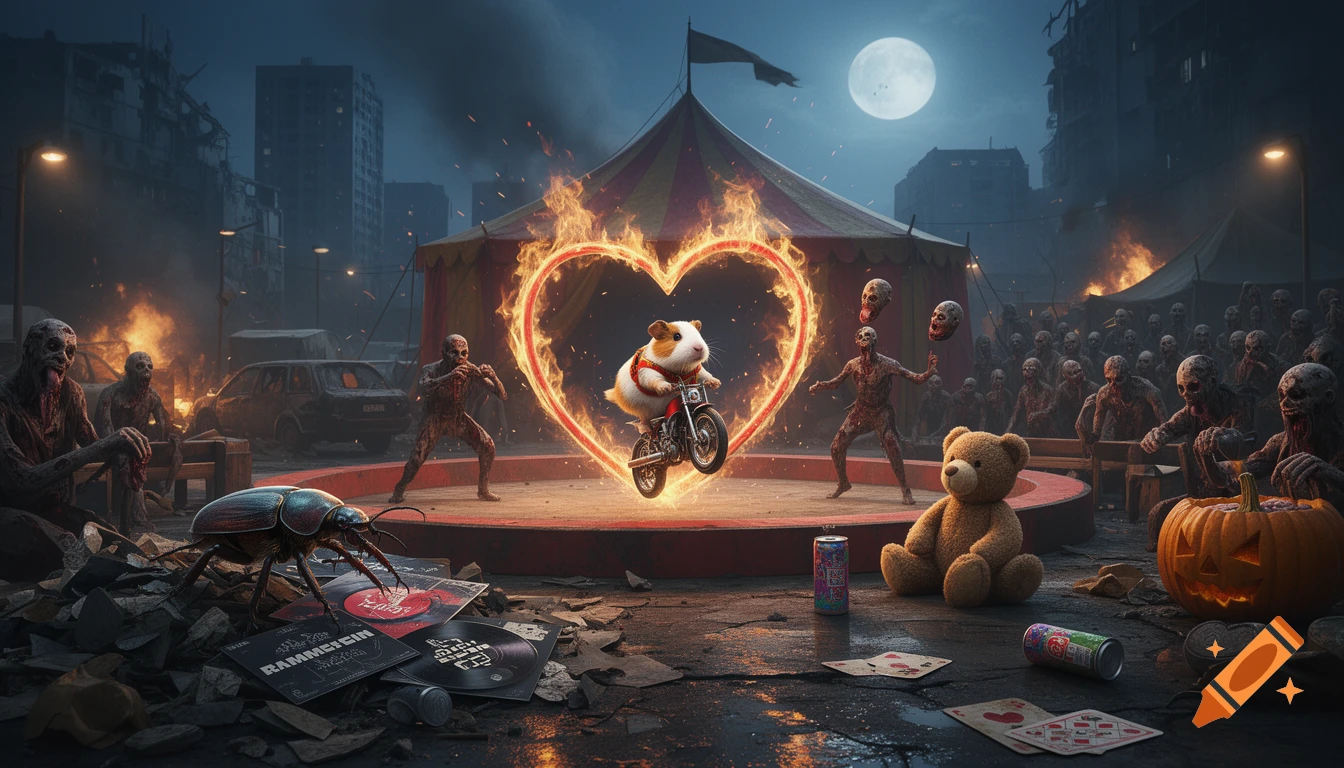 A guinea pig rides a miniature motorcycle through a flaming heart in a circus tent during a zombie apocalypse, surrounded by zombies.