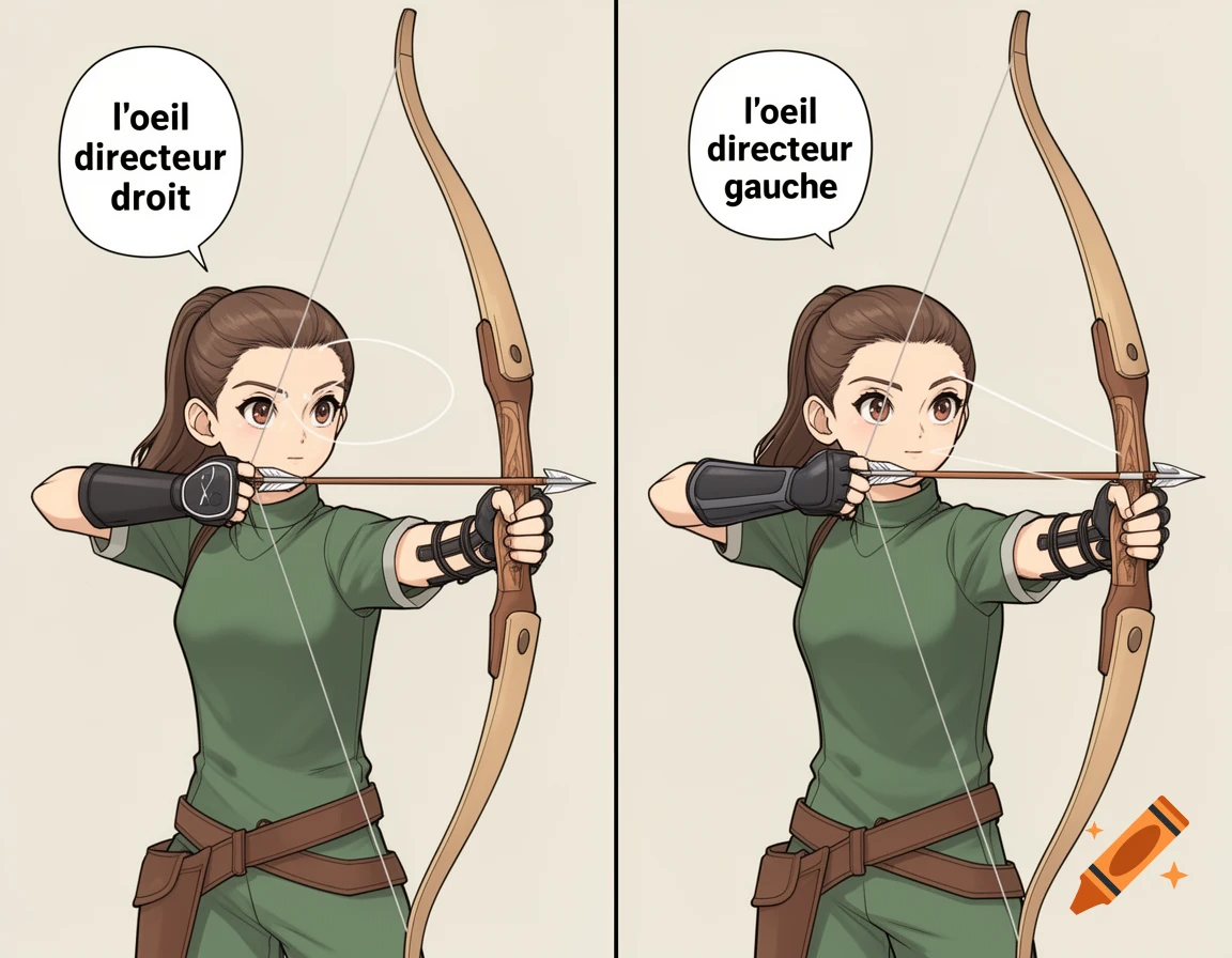 Manga style split image showing an archer demonstrating correct eye dominance in French.