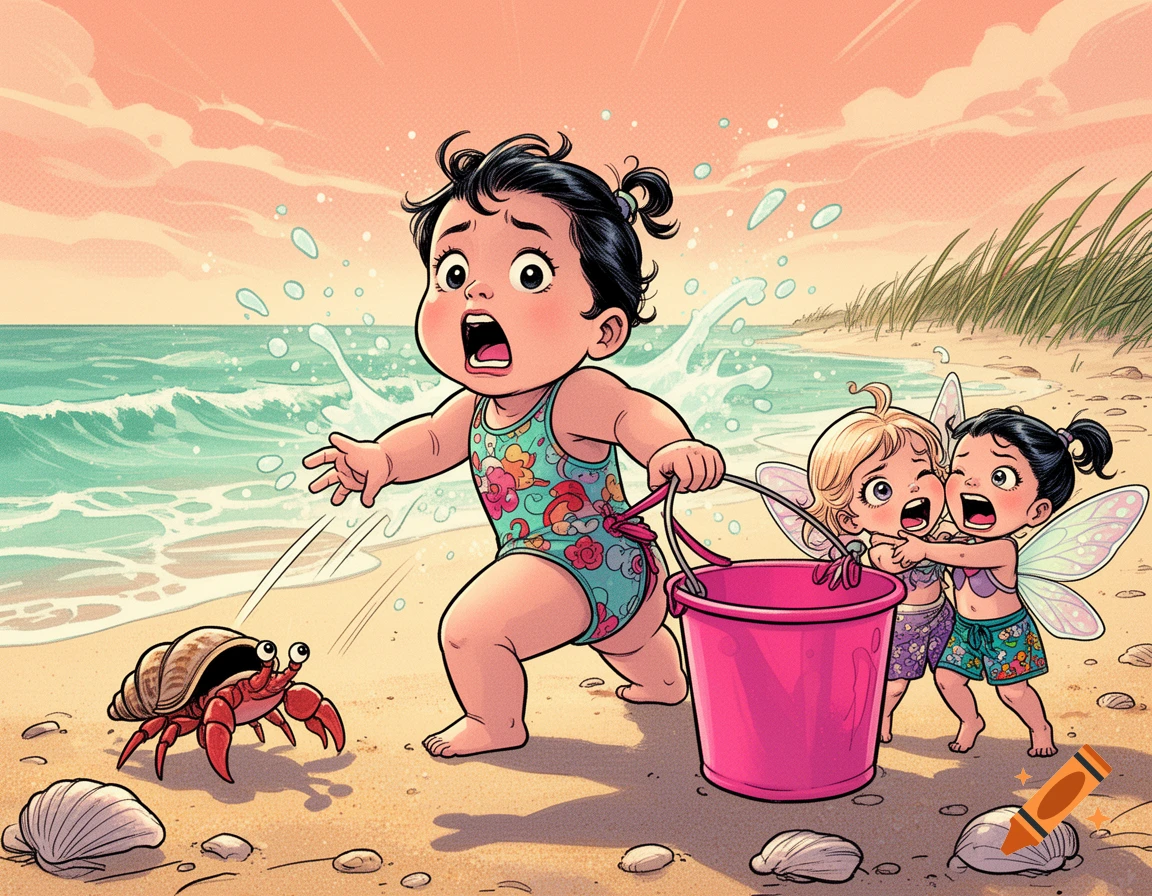 Comic style illustration of a shocked girl at the beach with a hermit crab, pink bucket, and small fairies.
