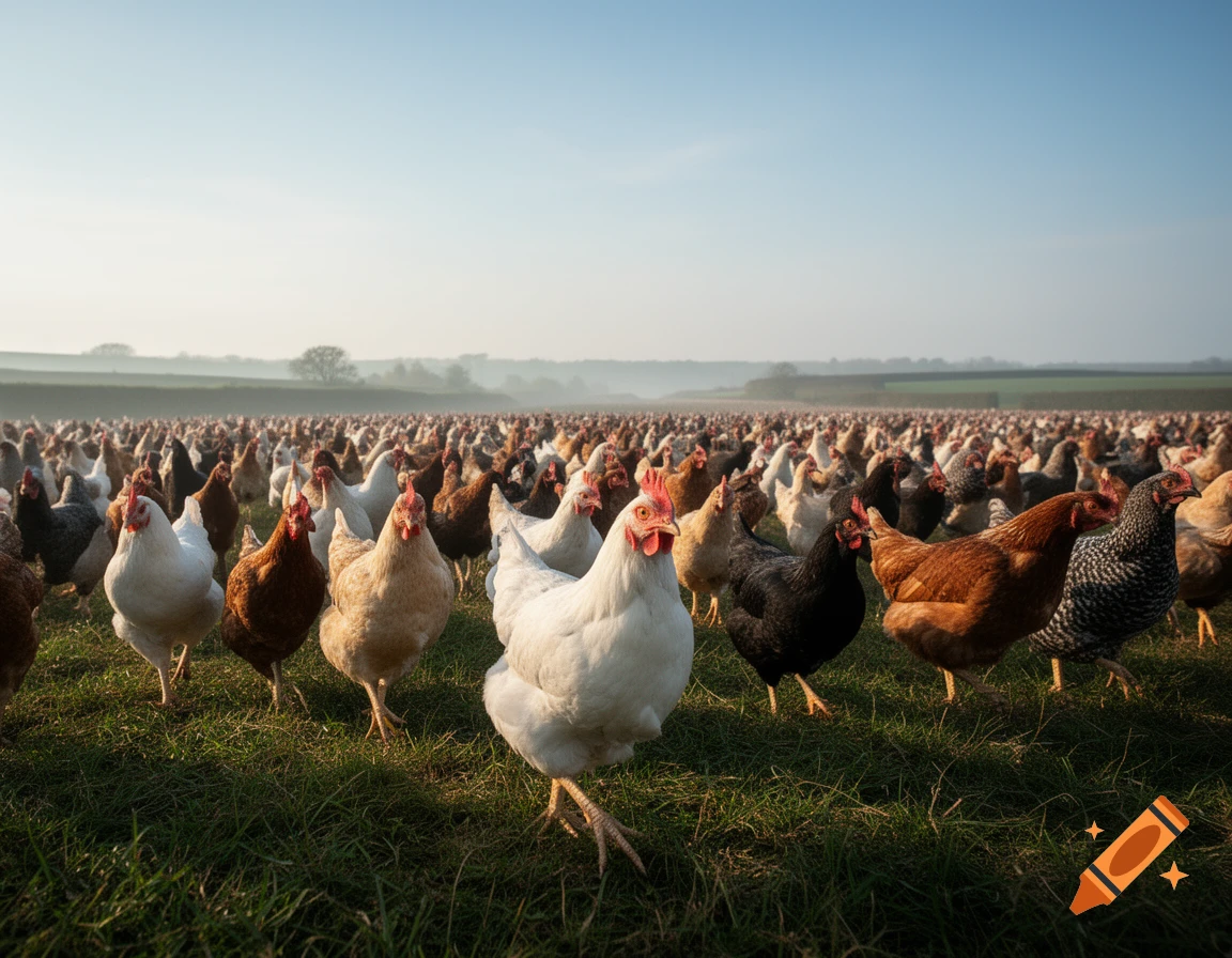 Photorealistic view of a massive flock of chickens walking and foraging on a green field under a clear sky.