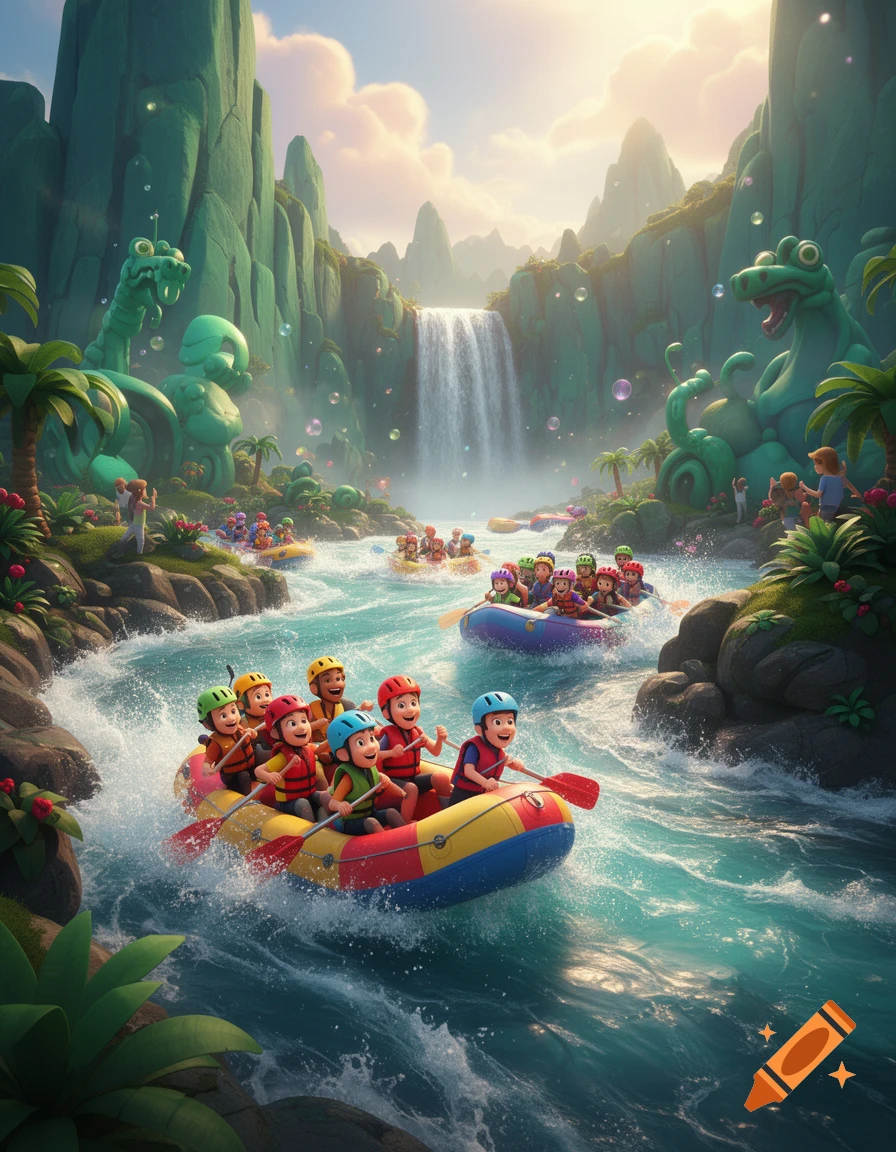 Pixar-style illustration of people riding a river rafting water ride through a lush fantasy canyon with giant green dinosaur statues and a waterfall.