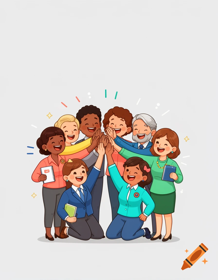 A diverse group of happy office colleagues high-fiving in a cute cartoon vector style against a solid light gray background.