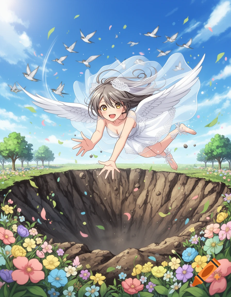 Anime art of a smiling girl with angel wings and a bride dress floating above a crater surrounded by birds and flowers.