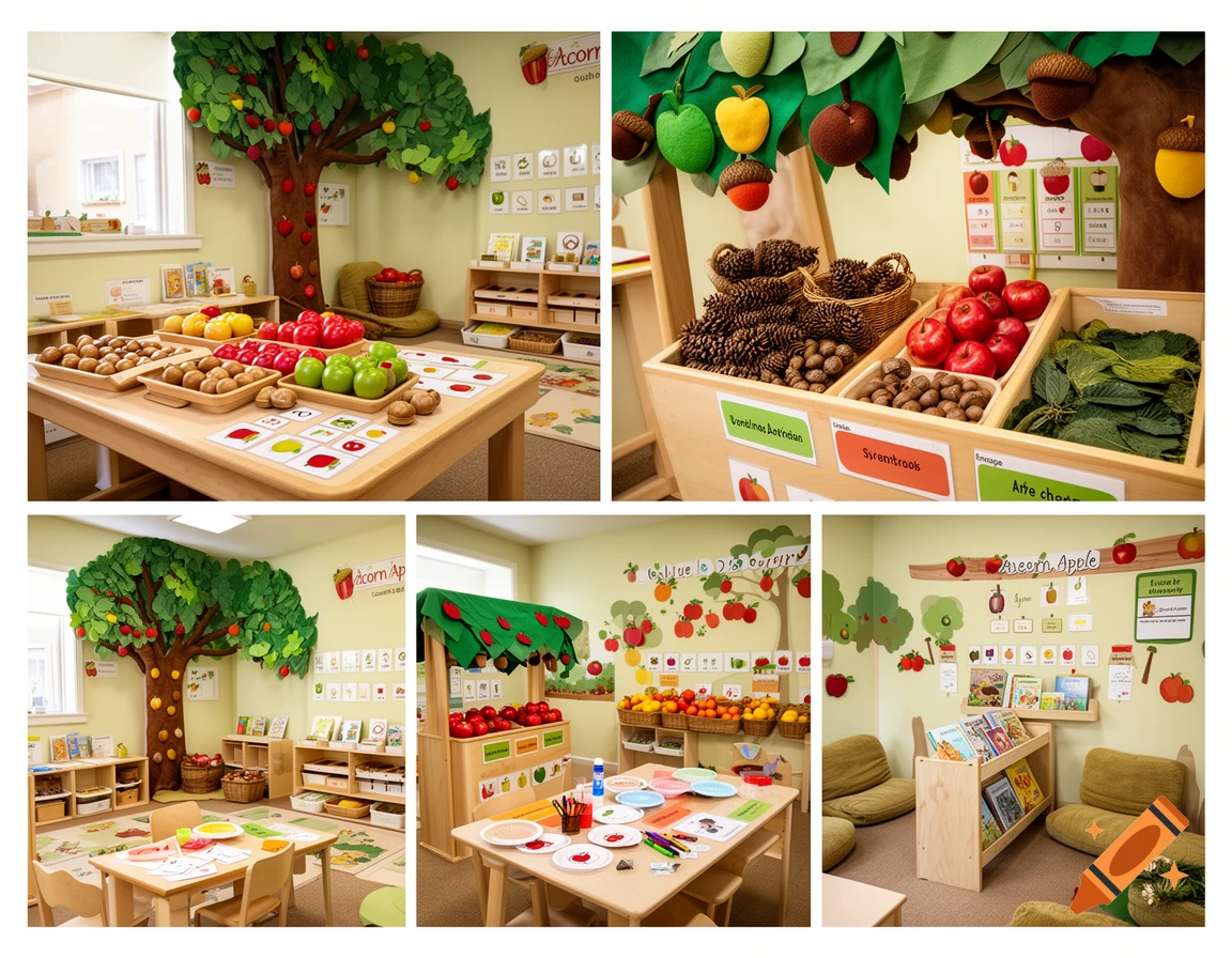 A collage showing various angles of an interactive kindergarten classroom themed around acorns and apples with play areas.
